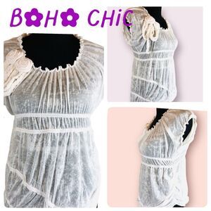 NWT Ryu Sheer White Rosette Off Shoulder Ruched Tunic Top Size M